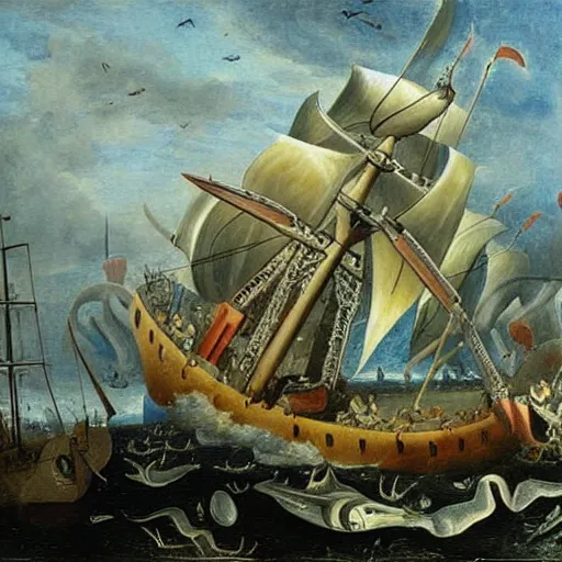 Prompt: A giant squid destroying a cruise ship in the middle of the ocean, oil painting by Jan Steen