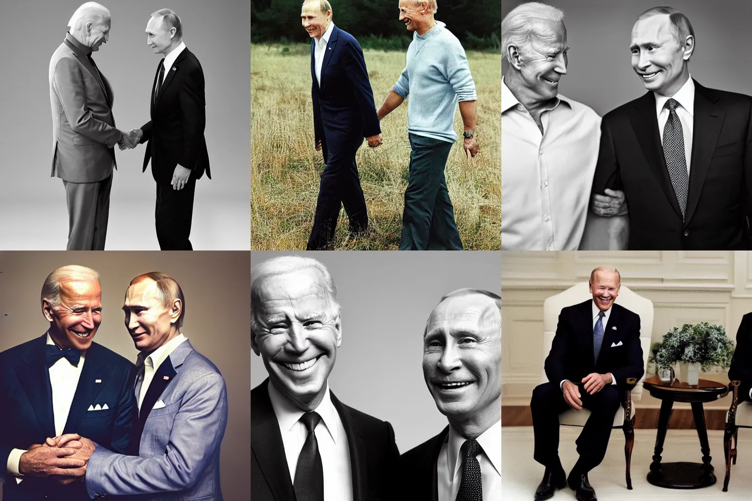 Prompt: candid portrait of joe biden and Vladimir Putin holding hands friendly smiling looking at the camera by annie leibovitz