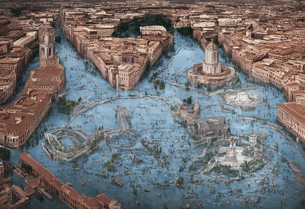 Image similar to kodak portra 4 0 0 photographic and realistic, st. peter's square in rome, detailed, octane render, unreal engine, 4 k, artstation, hyper realistic, wide angle, floor flooded, how a river, objects that float, 3 5 mm, sharp focus, soft light, volumetric light fog, in the style of gregory crewdson