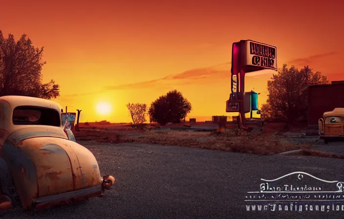 Image similar to A blinding backlight summer sunset landscape with historical route66 with abandoned gas station and a single old rusty pickup-truck. the summer light dimly illuminates, diffuse light, octane render, lots of sparkling details and sun ray’s, blinding backlight, smoke, volumetric lighting, 35 mm, beautiful reflections, heavenly, softlight