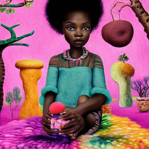 Prompt: black girl with big cute! eyes and a colorful afros having a tea party in an african zen garden with a baobab tree, bright colors, watercolor, volumetric wool felting, felt, macro photography, children illustration, global illumination, radiant light, detailed and intricate environment, by goro fujita, psychedelic surreal portrait, bokeh!!!!