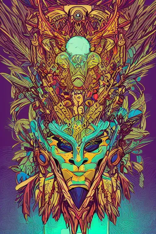 Image similar to totem animal mask tribal feather gemstone plant wood rock shaman vodoo video game vector illustration vivid multicolor borderlands comics by josan gonzales and dan mumford radiating a glowing aura