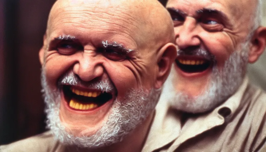 Prompt: 1 9 6 0 s movie still close - up of chrysippus nervously laughing on the floor in a neoclassical marble room, cinestill 8 0 0 t 3 5 mm, high quality, heavy grain, high detail, texture, dramatic light, anamorphic, hyperrealistic, detailed beard