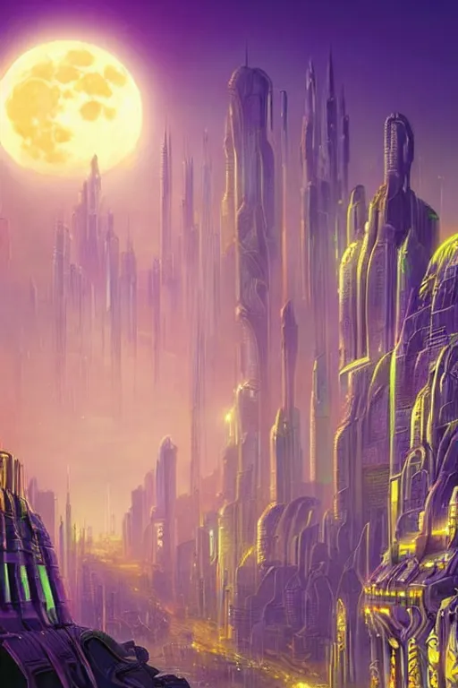 Image similar to full moon over futuristic city of light synthwave bright neon colors highly details cinematic vladimir kush, philippe dru, roger deal, michael whelan,