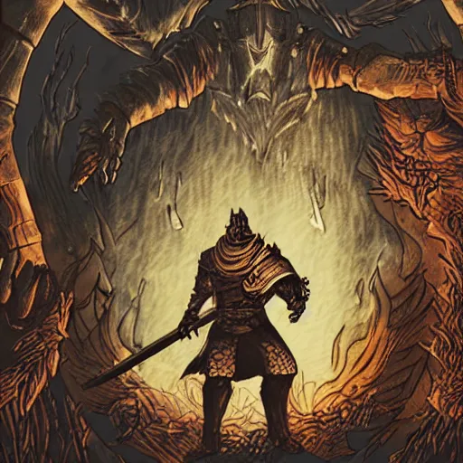 Image similar to a sticker illustration of a dark souls lord battling the unknown