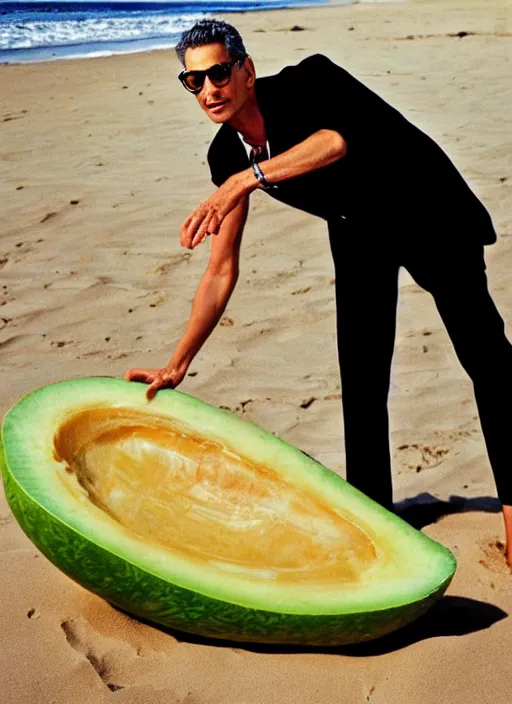 Image similar to jeff goldblum as a melon on the sand of a beach