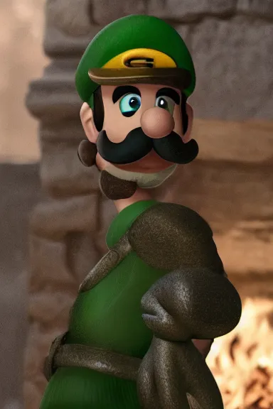 Image similar to very very intricate photorealistic photo of a realistic human version of luigi wearing his hat in an episode of game of thrones, photo is in focus with detailed atmospheric lighting, award - winning crisp details