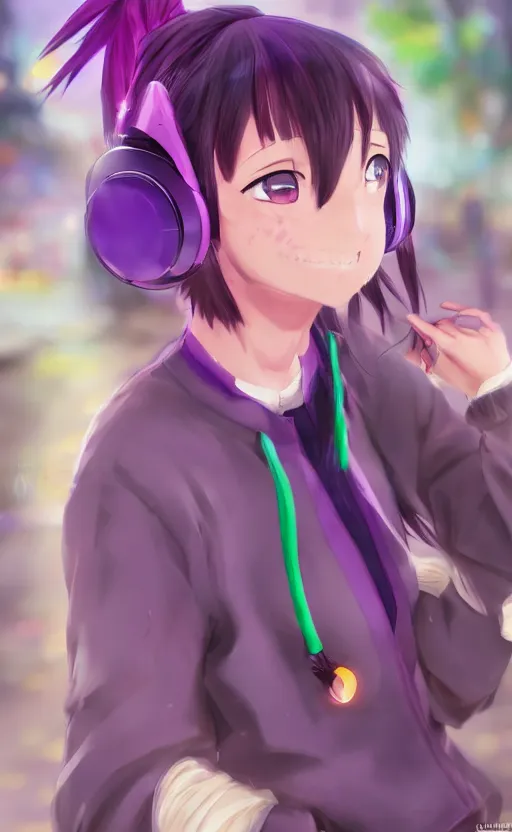 Image similar to anime girl with pink ponytail, wearing purple headphones, wearing a green sweater, with a smile on her face and her eyes closed, walking down a street, dynamic lighting, photorealistic fantasy concept art, trending on art station, very detailed, anime concept art, stunning visuals, creative, cinematic, ultra detailed