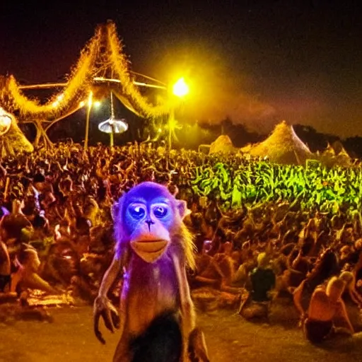 Image similar to A monkey at ozora festival by night