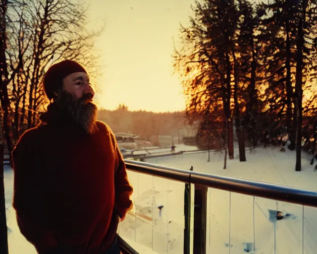 Image similar to lomo photo of 4 0 years russian man with beard and sweater standing on small hrushevka 9 th floor balcony full with cigarette smoke in winter taiga looking at sunset, cinestill, bokeh