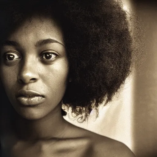 Prompt: portrait, extreme close up, sepia, beautiful light - skin woman, afro hair, stares at the camera, night sky, stars, bruce gilden, leica s, fuji 8 0 0, grainy, low light