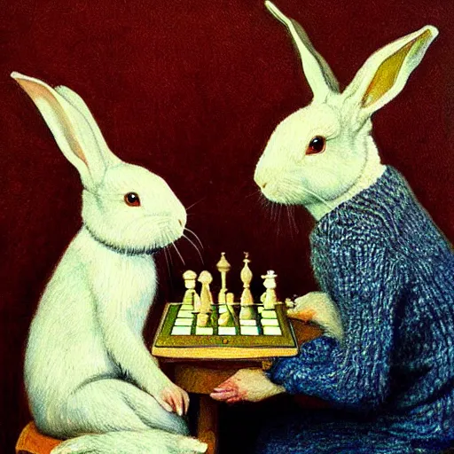 Image similar to two rabbits drinking tea and playing chess. Painting of rabbits in sweaters by James Gurney.