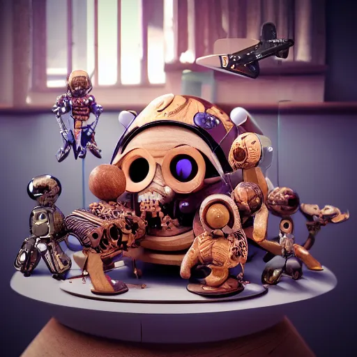 Image similar to ultra realistic 8k octa photo, wooden art toys on base , cute cyber gods , hyperdetailed, concept art