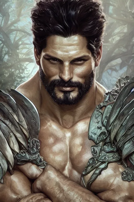 Prompt: portrait of joe manganiello as a hulking herculean demon, forest, godlike, full body, fantasy, intricate, elegant, highly detailed, digital painting, artstation, concept art, sharp focus, illustration, art by artgerm and greg rutkowski and alphonse mucha