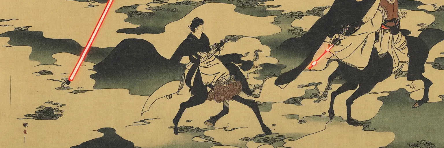 Prompt: Jedi riding on horseback with a lightsaber, rice paddy, ukiyo-e painting