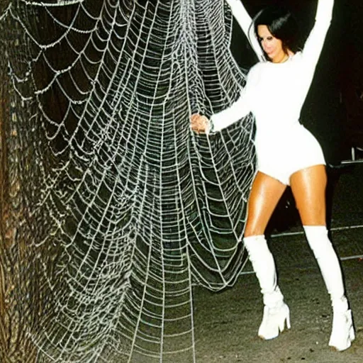 Prompt: a 1990s photo taken of kim kardashian caught in a spiderweb.