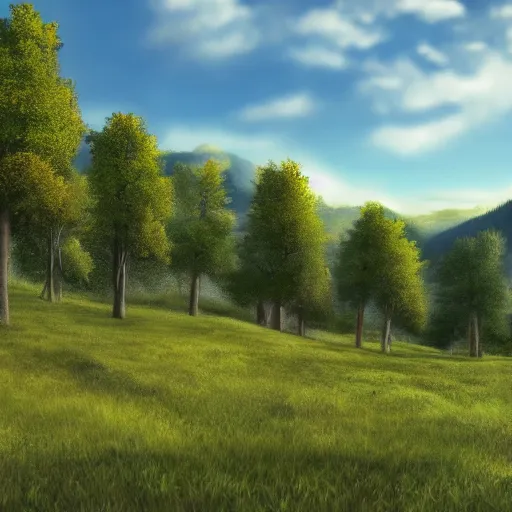 Image similar to Beautiful landscape with trees and hills in the distance, daylight and clear blue sky, trees blowing in the wind. digital art, very detailed, trending on artstation, 4K wallpaper