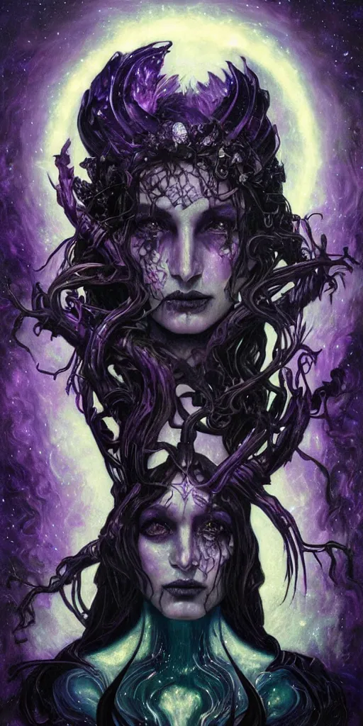 Image similar to intense glowing black metal pagan god with horns and veins and intense glowing eyes and a skull in very dark cosmic space by karol bak and artgerm and alphonse mucha, portrait, fantasy, clear, light beams, lens flare, intense, uhd, amazing depth, cinematic lighting, purple and violet and indigo and blue