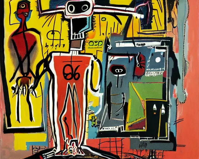 Image similar to painting of a cyborg questioning his reality by graham sutherland, basquiat, neo - expressionism, muted colors