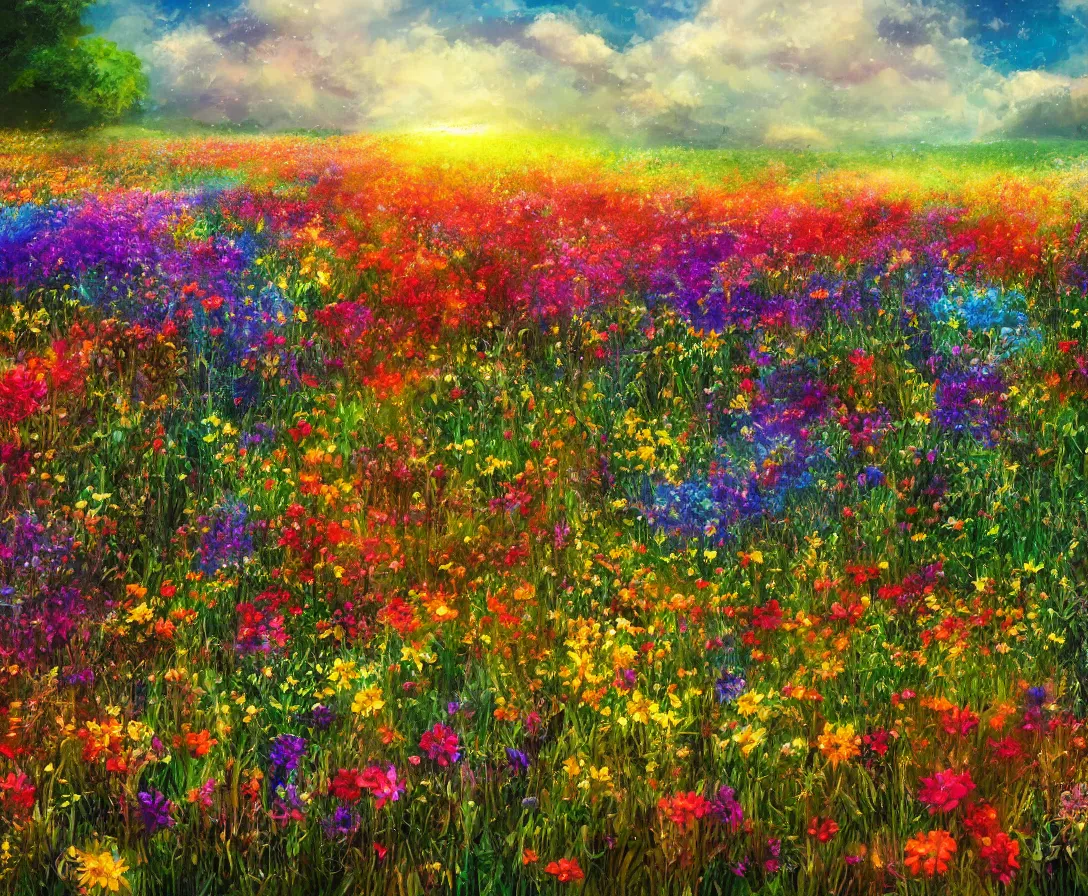 Image similar to a heavenly field of colorful flowers, highly detailed, digital painting, high fantasy, sunstreaks, high contrast, bokeh, soft tones