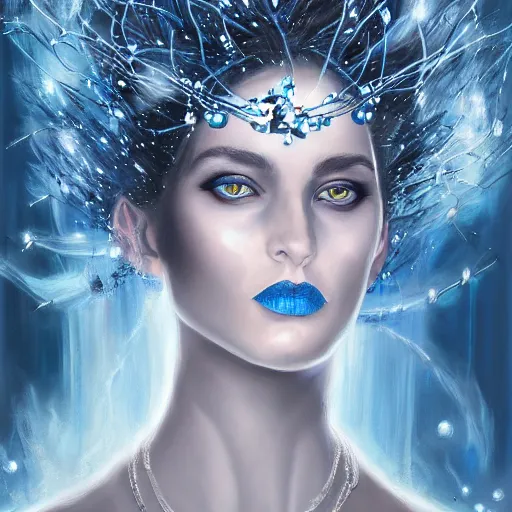 Image similar to masterpiece portrait of an aesthetic elegant mage woman, ice spell, 3 0 years old woman, black dynamic hair, wearing silver diadem with blue gems inlays, silver necklace, painting by joachim bergauer and magali villeneuve, atmospheric effects, chaotic blue sparks dynamics in the background, intricate, artstation, instagram, fantasy