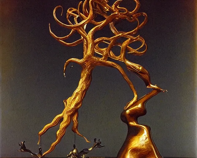 Prompt: by szukalski, by francis bacon, mystical redscale photography evocative. a beautiful carved kinetic sculpture of a gold and obsidian brutalist exploded humanoid diagram tree of evolution - like creature, standing in front of a castle atop a cliff.