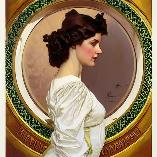 Image similar to portrait of beautiful woman by jc leyendecker, by norman rockwell, by alphonse mucha, by greg rutkowski