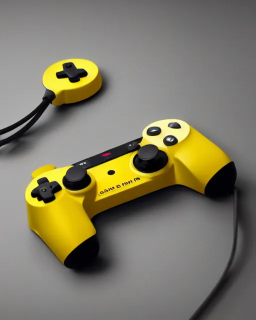 Image similar to a photo of a stylish yellow game controller designed by dieter rams and jony ive for bang & olufsen, rim lit, shallow depth of field