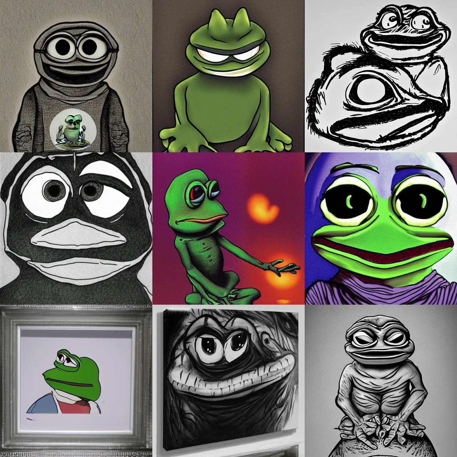 Prompt: pepe the frog rare pepes Dark scary spooky Realistic Dusk in the style of Ansel Adams