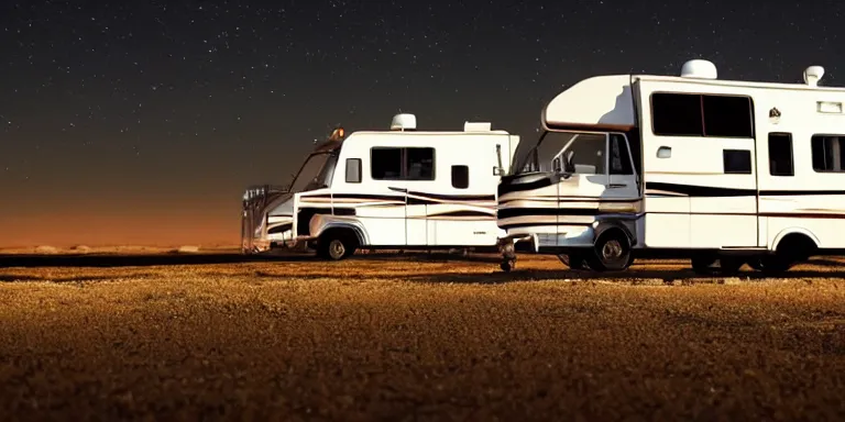 Prompt: photo still of the rv from the tv show breaking bad, cinematic-shot, night lighting, night skies, 4k