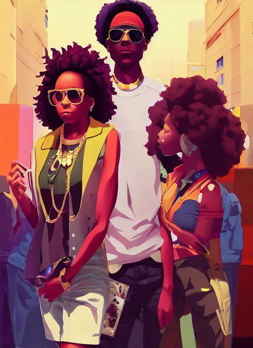 Image similar to afro - futurist gangstas, lavish lifestyle and money, fashionable, jacking the metaverse | hyperrealistic oil painting | by makoto shinkai, ilya kuvshinov, lois van baarle, rossdraws | afrofuturism, in the style of boondocks, trending on artstation | dark color scheme