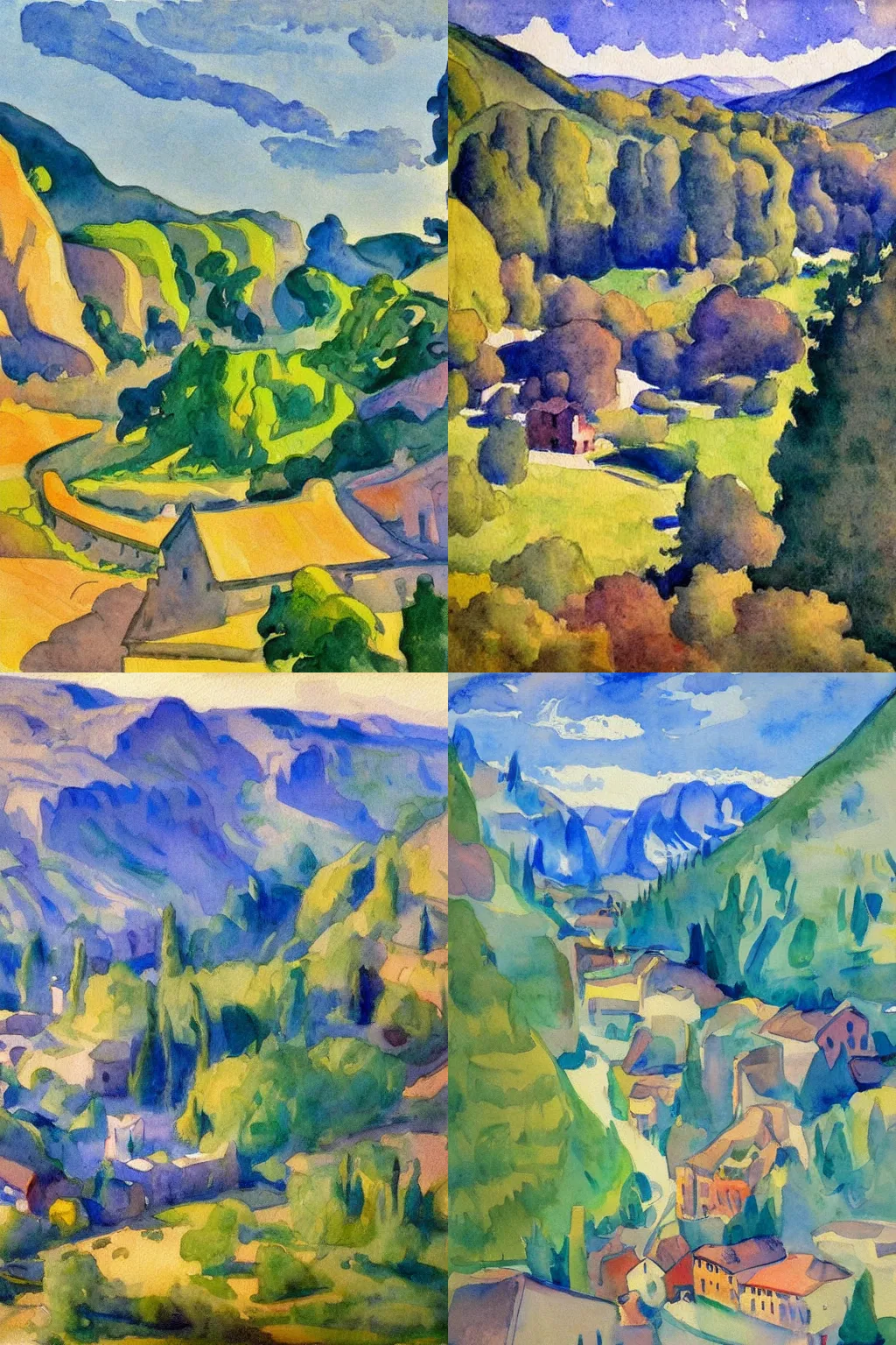 Prompt: grand river watercolor andrew henderson, impressionist watercolor strokes painting, surrealist Swiss village in a massive valley from afar by Pablo Picasso, by Edward Hopper, by Jean Giraud, 1942, fisheye lens