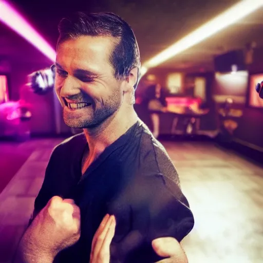 Prompt: photo of a 4 0 year old white man living thinking he's living the best life possible. he looks young for his age. he is at a dance club, it's as if he were in a music video. woman are flocking to him and can be seen dancing around him in a seductive manner.
