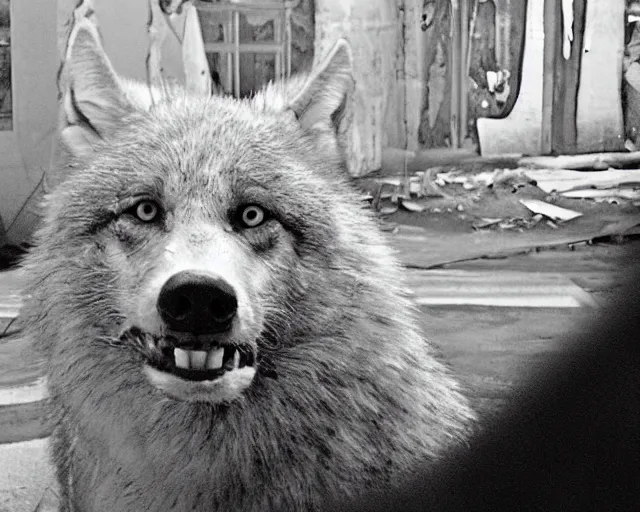 Image similar to Close up camera footage of a extremely aggressive Feral Mutated Wolf with severe late stage rabies in an abandoned shopping mall, Wolf Snarling Directly toward camera, Terrifying :7 , high exposure, dark, monochrome, camera, grainy, CCTV, security camera footage, timestamp, zoomed in, Feral, fish-eye lens, Rabid, Radiation Mutated Wolf, Nightmare Fuel, Wolf, Evil, Bite, Motion Blur, horrifying, lunging at camera :4 bloody dead body, blood on floors, windows and walls :5