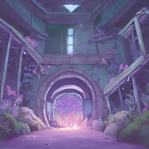 Image similar to paradise at at the end of the tunnel with a cross as the light shining into the tunnel, with pale purple and pale pink lighting, cute, aesthetic, anime, with a few vines and overgrowth, studio ghibli, cinematic, painting, high definition, digital art, symmetrical, very detailed, extremely high detail, photo realistic, concept art, unreal engine 5,