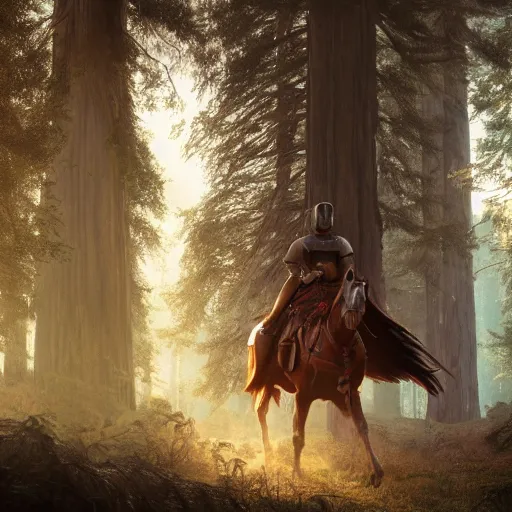 Image similar to knight on horseback in a redwood forest, sunlit, octane render, matte, greg rutkowski, highly detailed, hdr