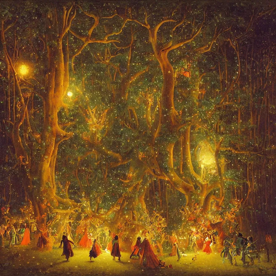 Image similar to a night carnival around a magical tree cavity, with a surreal orange moonlight and fireworks in the background, next to a lake with iridiscent water, christmas lights, folklore animals and people disguised as fantastic creatures in a magical forest by summer night, masterpiece painted by carl spitzweg, dark night environment