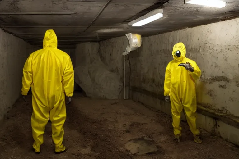 Prompt: a man in a yellow hazmat suit looks on helplessly as an inter-dimensional meat monster grows out of control in a creepy underground lab