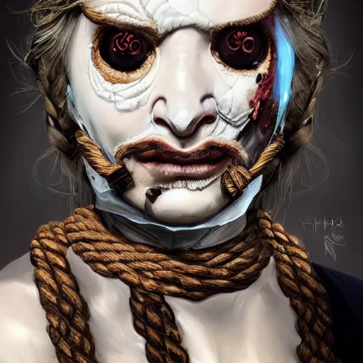 Prompt: portrait of a Shibari rope wrapped face and neck, headshot, insanely nice professional hair style, dramatic hair color, digital painting, of a old 17th century, old cyborg merchant, mouth wired shut, amber jewels, baroque, ornate clothing, scifi, realistic, hyperdetailed, chiaroscuro, concept art, art by Franz Hals and Jon Foster and Ayami Kojima and Amano and Karol Bak,