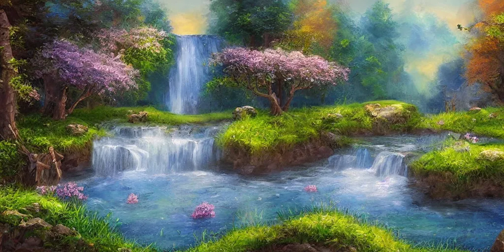Image similar to a fantasy meadow landscape with waterfall, lake, river, and patches of blue flower, digital art, painterly, oil painting, matte