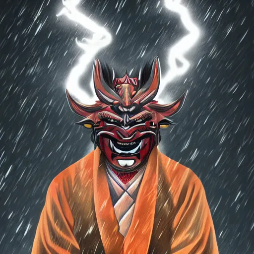 Prompt: man with a hannya mask, thunder spell, storm, landscape, artstation