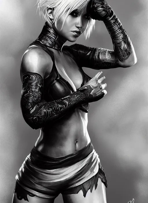 Prompt: a highly detailed illustration of fierce short haired platinum blonde woman wearing black mma bra and gloves, dramatic muay thai fight stance pose, muscular, intricate, elegant, highly detailed, centered, digital painting, artstation, concept art, smooth, sharp focus, league of legends concept art, WLOP
