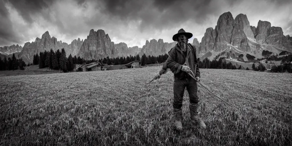 Image similar to alpine farmer turning into hay and root monster, old pastures, dolomites in background, dark, eerie, despair, portrait photography, artstation, highly detailed, sharp focus, by cronneberg