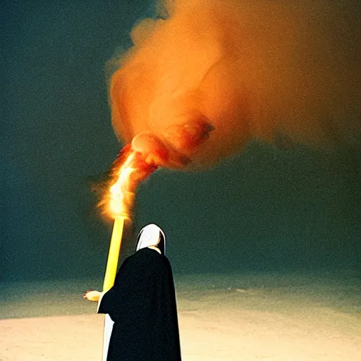 Prompt: a nun exhaling a huge smoke cloud from a cross shaped bong, film still, cinematic lighting