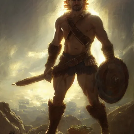Image similar to handsome portrait of a spartan guy bodybuilder posing, radiant light, caustics, war hero, breath of the wild, by gaston bussiere, bayard wu, greg rutkowski, giger, maxim verehin