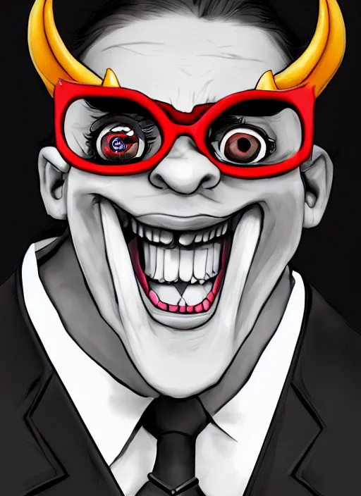 Prompt: a grinning devil dressed as an accountant, spectacles, digital art, character portrait, high quality, 8 k, detailed,