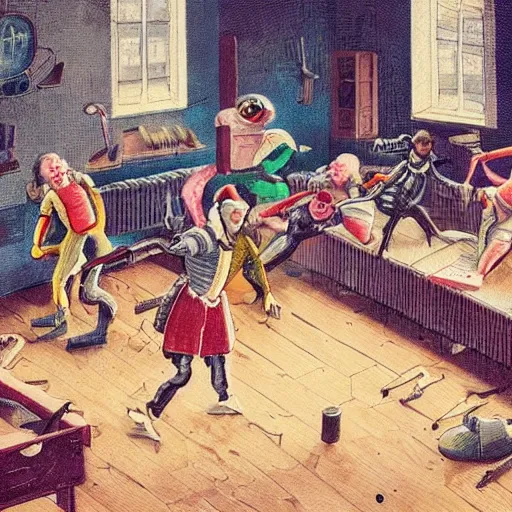 Image similar to group of cyborgs dancing in a 1 8 th century room, one cyborg eating snacks close to camera, city outside large windows, daytime, happy, cables everywhere, wooden parquet, old furniture, cute, childrens book illustration