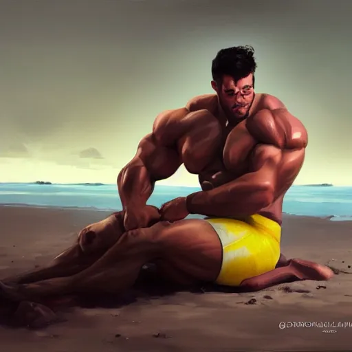 Prompt: lemon fruit as a extremely muscular man lying on a beach trending on artstation, painted by greg rutkowski