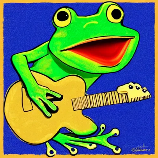 Image similar to cute frog playing on guitar, digital art, blue background, modern