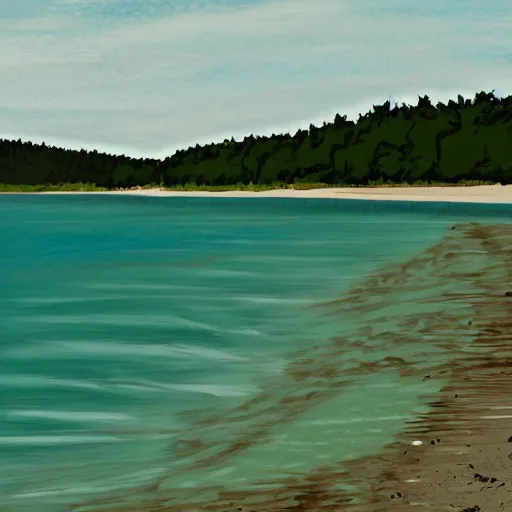 Image similar to shore of the Bruce Peninsula on an overcast day, looking out on the lake from the shore, beautiful illustration